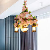 Lámpara de araña estilo farol vintage con luz colgante de flores LED de madera en rosa - 3/6/8 cabezas, 21,5"/27"/30" de ancho